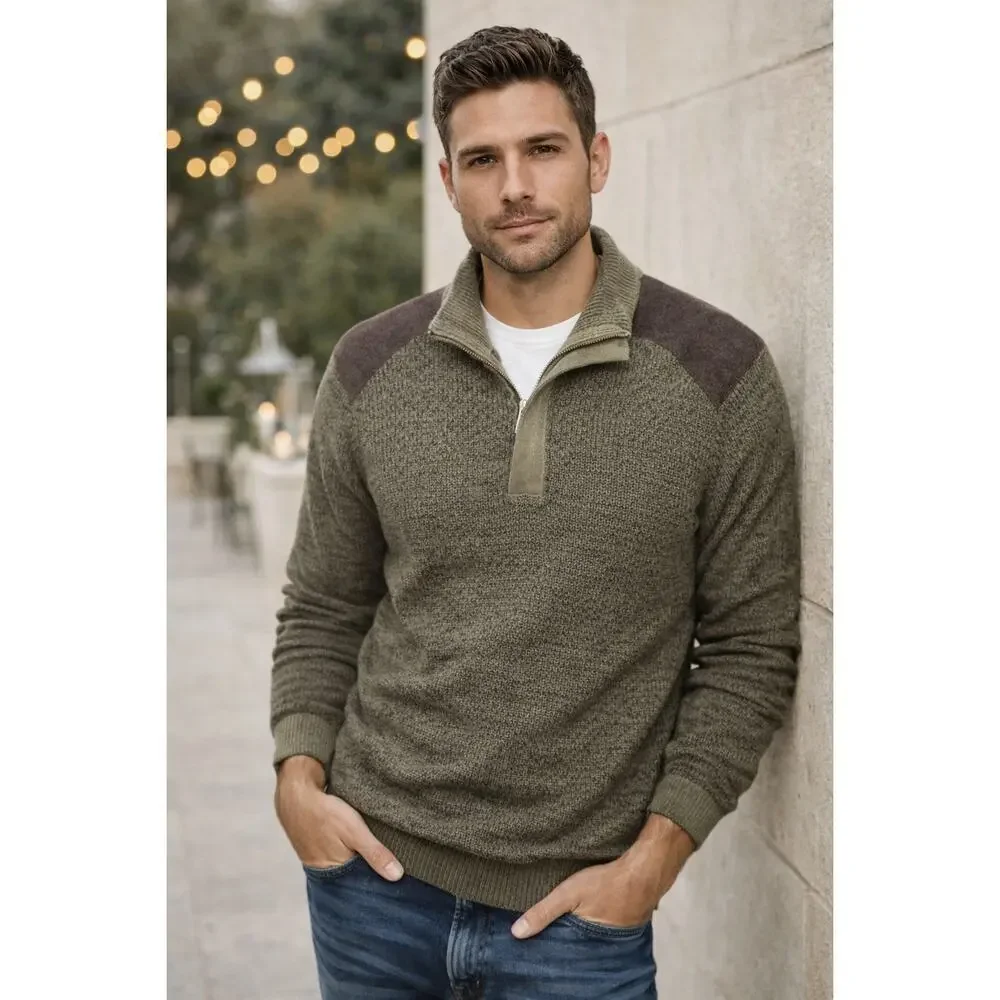 Banana Republic 1/4 Zip Knit Sweater with Shoulder Patches Olive Green Men's XXL
